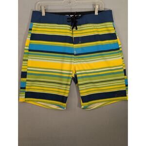 REEF Board Shorts Men's 32 Yellow Blue Stripe Mondo Swim Trunks Pockets